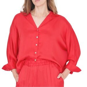 Red Oversized Button Down Shirt with Notched Collar